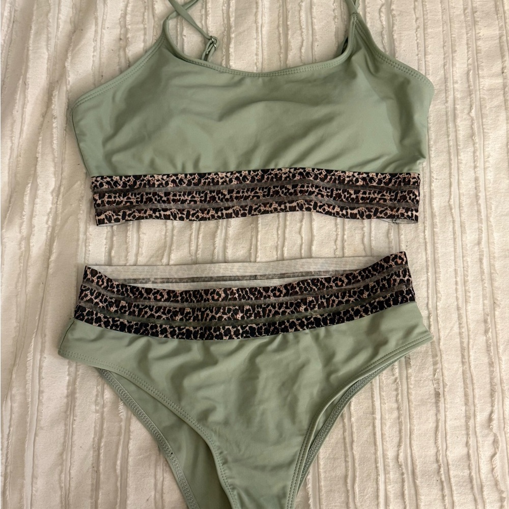 Green Bikini Set with Leopard Trim